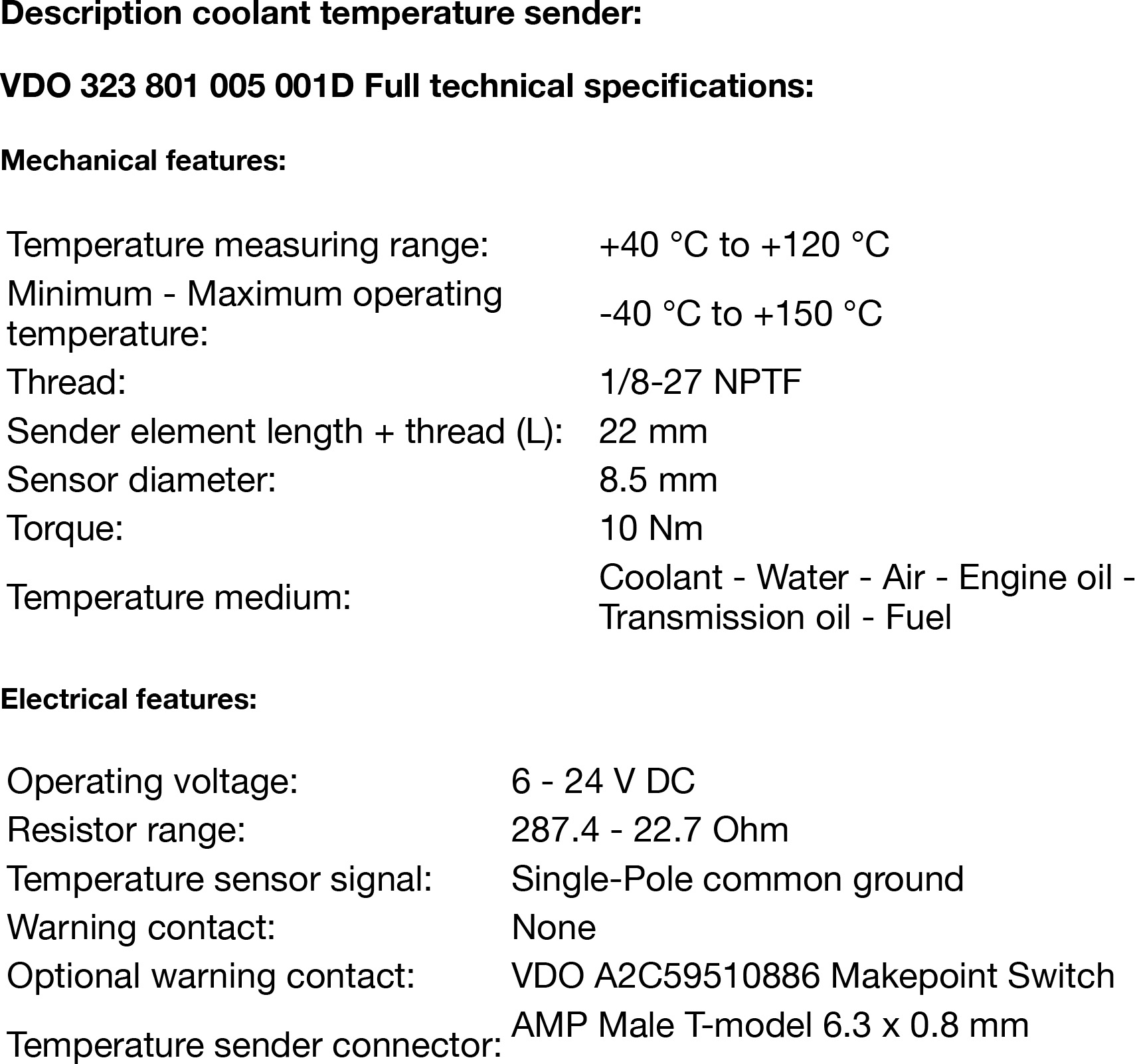 VDO Temperature Sender 120 Degree 1/827NPT